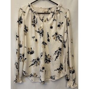 Melloday Anthropologie Top Womens Med Ivory Black Floral Smock Cuff Long Sleeves